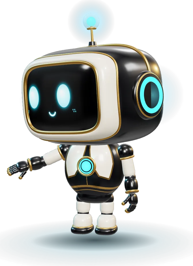 Das Kluge-Media-Maskottchen, ein kleiner Roboter mit leuchtenden Augen, zeigt auf die Anmeldung zur Startbenachrichtigung.